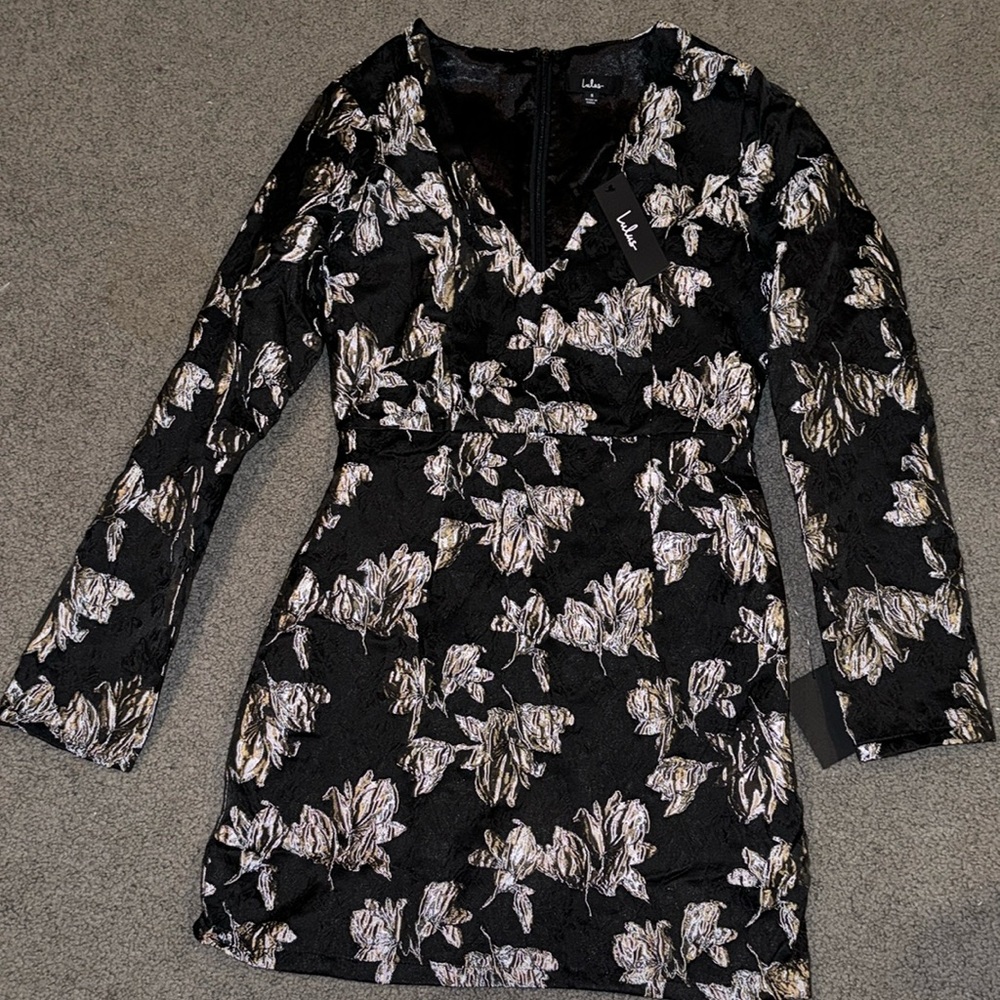 lulus long sleeve black dress with silver flowers